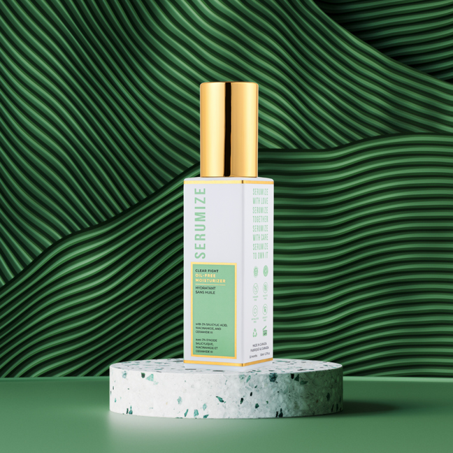 SERUMIZE Clear Fight Oil-Free Moisturizer on Vibrant Forest Green Background - Skin Care Perfection. The packaging is a luxe white and green square glass bottle with a gold treatment pump on top. 